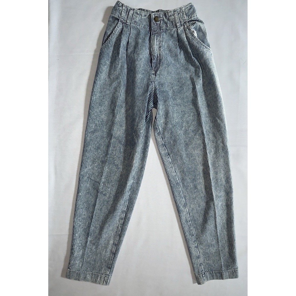 Vintage Women's Osh Kosh Black And White Pinstriped Paper bag Waist Jeans Size 6
